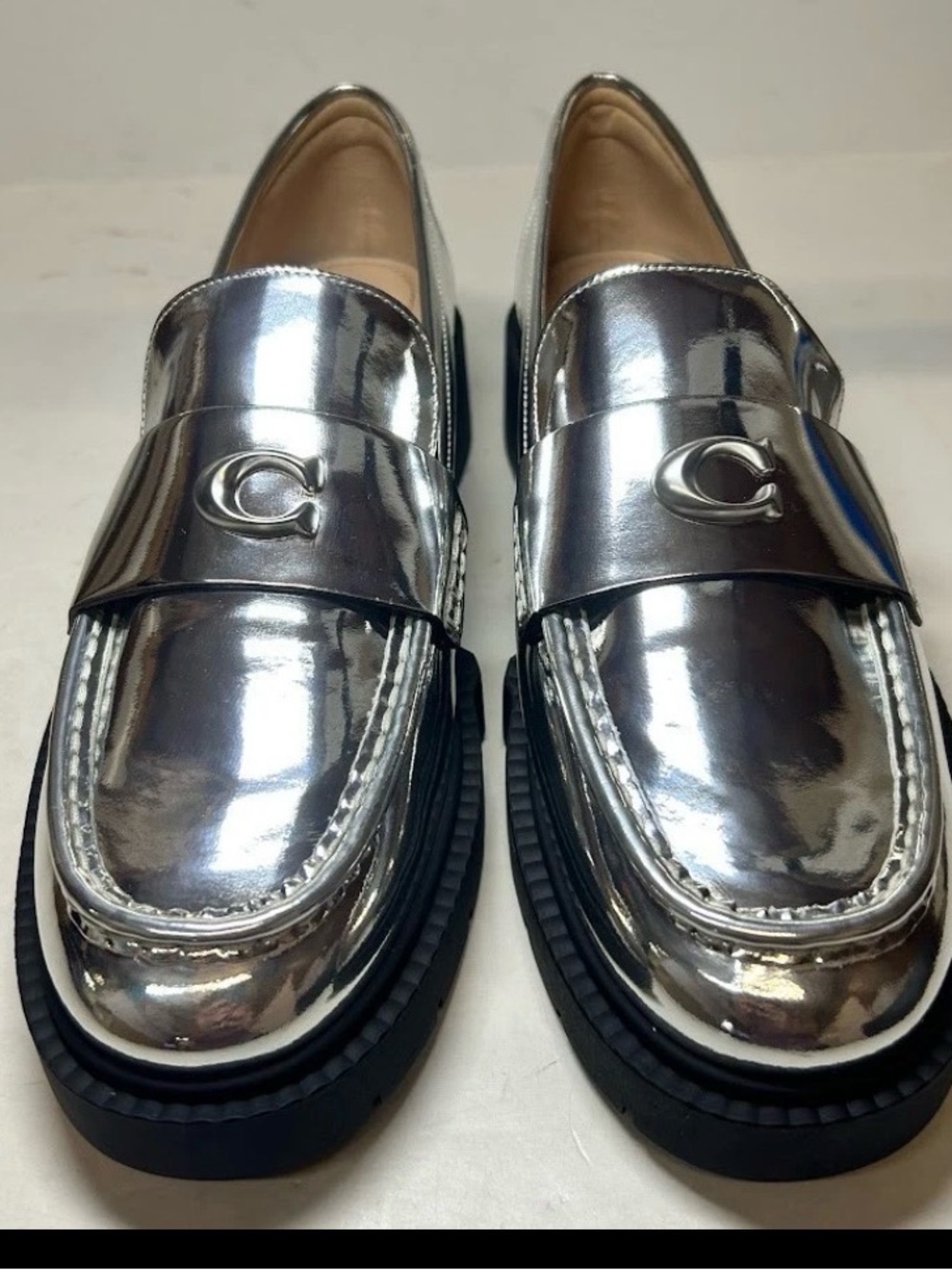 Coach Metallic Silver Loafers — Women’s Shiny Slip-On platform